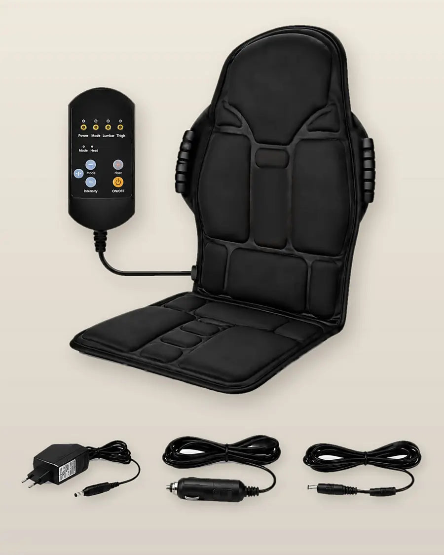 The Vilano cushion with its remote, home charger, car charger and extension cable